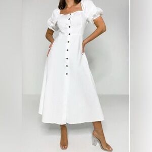 MISSGUIDED White 100% Cotton Button Down Puff Sleeve Midi Dress Sz 4